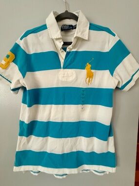 Ralph Lauren Turquoise & White Striped Rugby Polo with Yellow Pony
